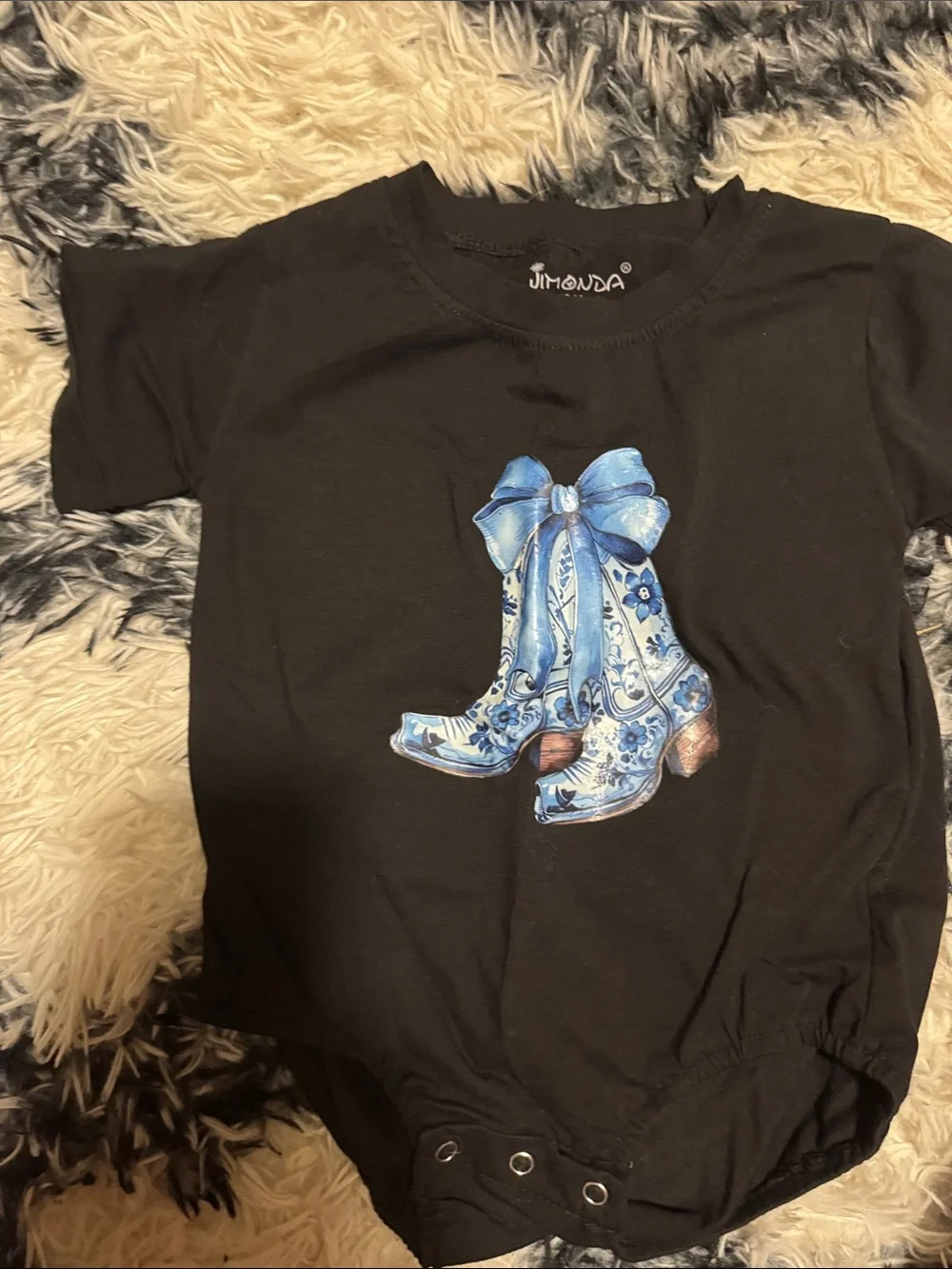 Black Baby Onesie with Blue Cowboy Boot Graphic
